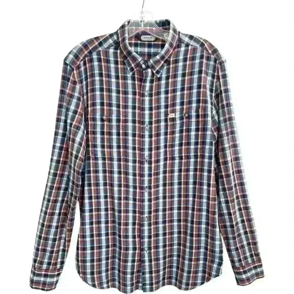 Salt Valley Men's Size LRG Plaid Button Up Shirt Navy Brown Pockets Thin Cotton - Picture 2 of 13